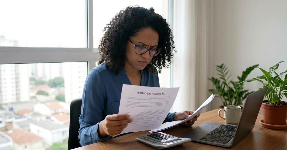 Trabalhador brasileiro em seus 30 anos revisando documentos de rescisão trabalhista em mesa com calculadora e contrato à frente