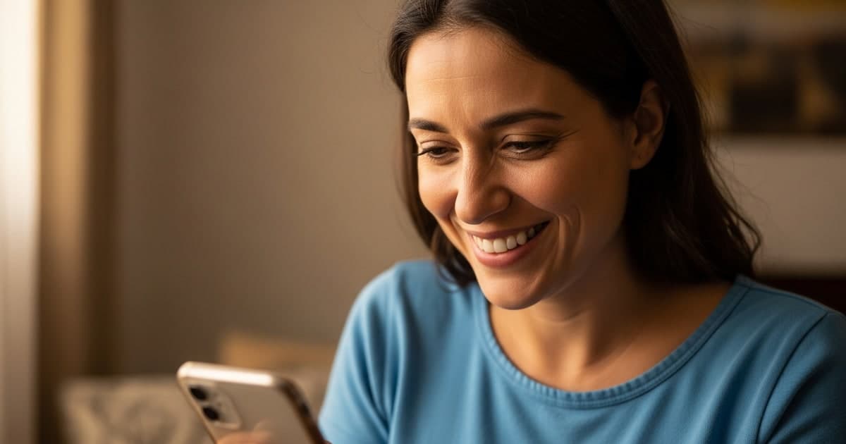 Mulher brasileira sorrindo ao olhar o celular em casa — restituição do Imposto de Renda 2026 segundo lote consulta liberada pagamento 30 de junho