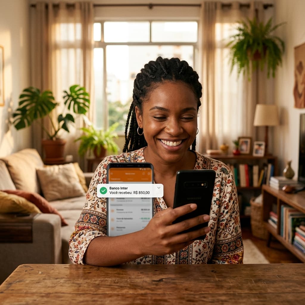 Pessoa consultando restituição do IR 2026 no celular sorrindo – quando cai restituição imposto de renda 2026 lotes calendário