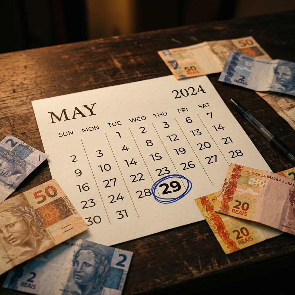Calendário com data 29 de maio destacada e notas de real — restituição imposto de renda 2026 primeiro lote quando cai quem recebe