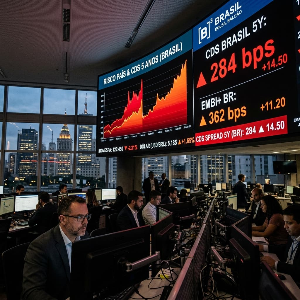 Painel do mercado financeiro com indicadores de risco em alta – Risco Brasil CDS 124 pontos maio 2026 fiscal dólar Selic