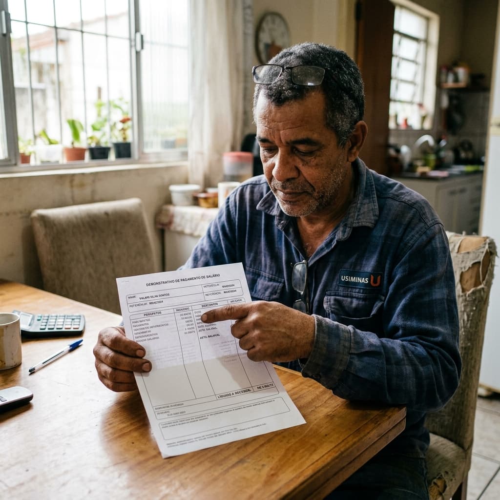 Trabalhador brasileiro com contracheque e calculadora – salário líquido 2026 INSS IR quanto fica no bolso tabela desconto