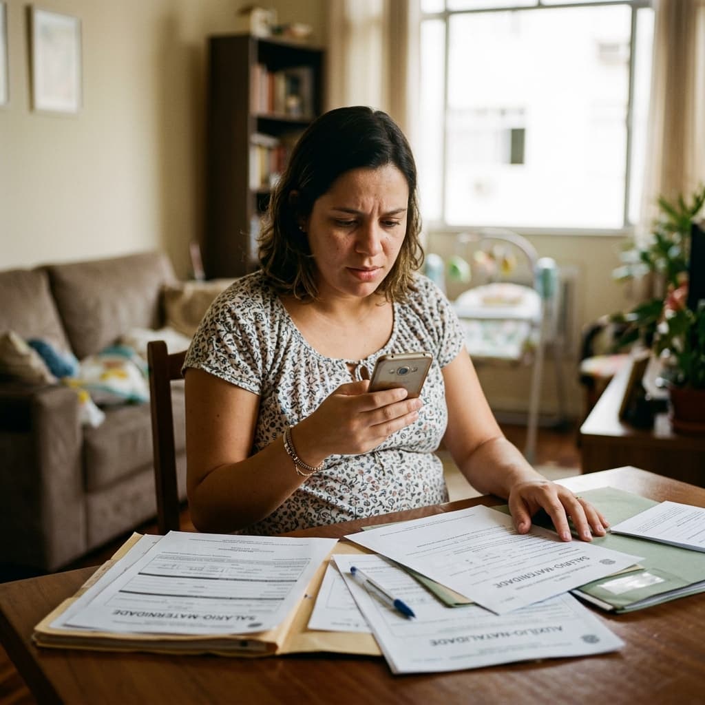 Mãe brasileira com bebê e documentos do INSS – salário-maternidade 2026 quem tem direito quanto recebe como pedir