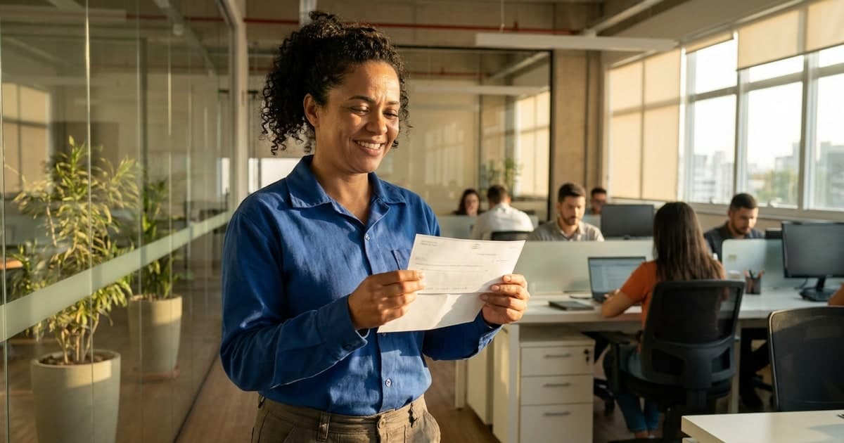 Trabalhador brasileiro segurando contracheque com valor do salário mínimo 2026 em fundo de escritório moderno