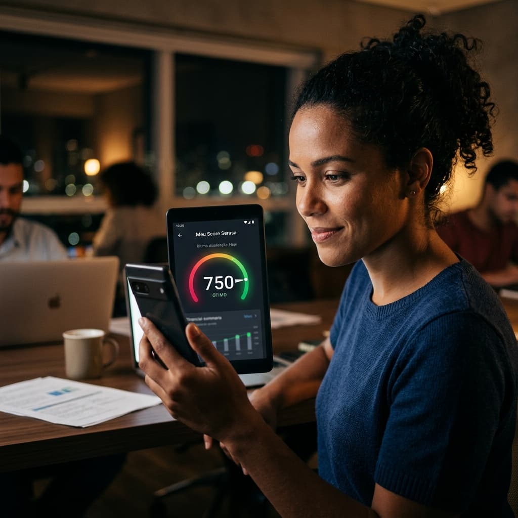 Brasileiro consultando score de crédito no smartphone com indicador de pontuação – score Serasa 2026 como aumentar pontuação rápido