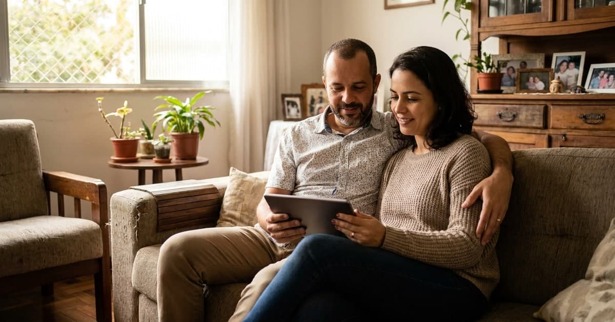 Casal brasileiro de uns 35 anos sentado junto em casa olhando um tablet, expressao tranquila e protetora, luz natural da janela, cena domestica acolhedora