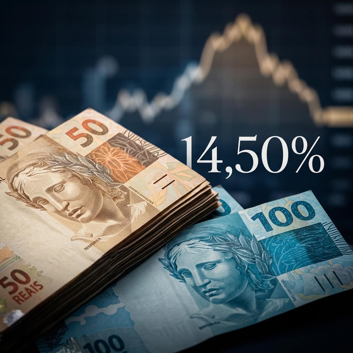 Notas de real sobre gráfico de taxa de juros com destaque 14,50% — Selic 2026 taxa básica juros Brasil guia completo renda fixa CDB Tesouro Direto