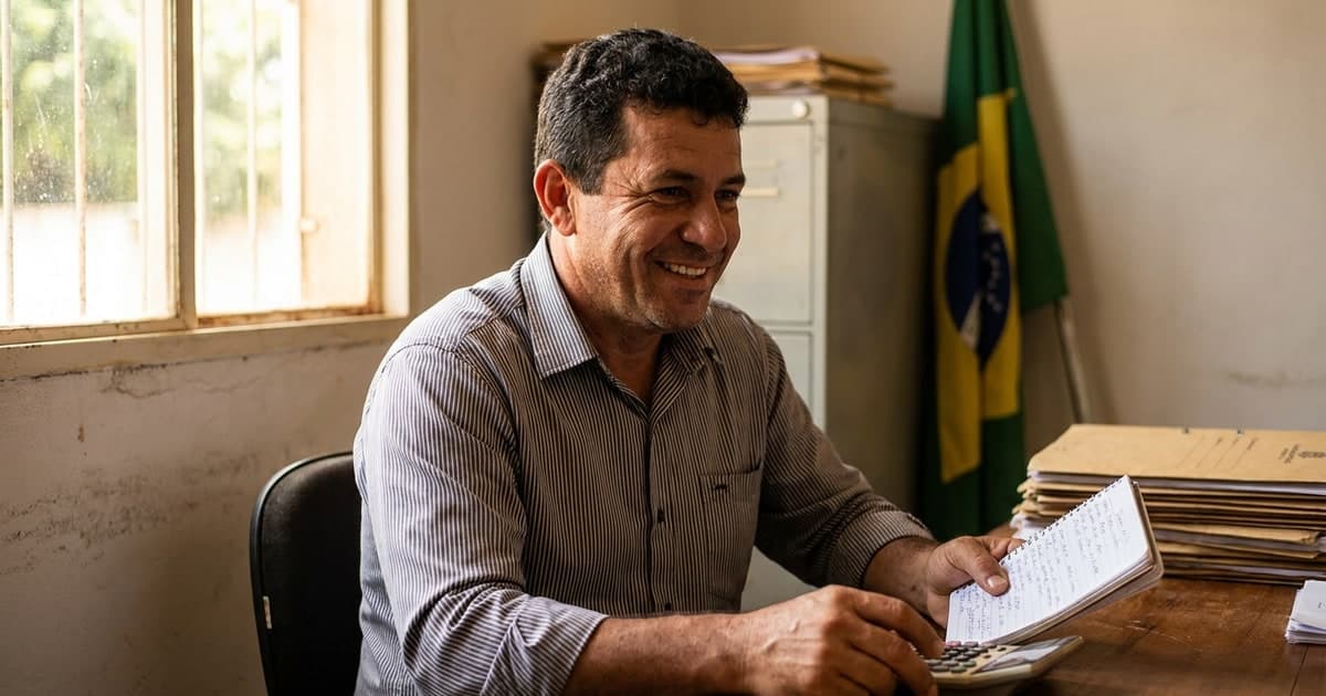 Servidor público brasileiro de uns 40 anos sorrindo em seu escritório, anotando contas em um caderno com calculadora, bandeira do Brasil ao fundo