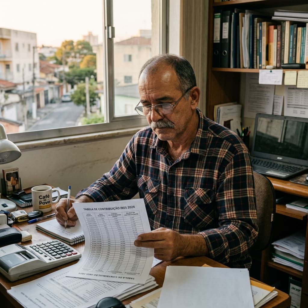 Trabalhador brasileiro com contracheque e tabela INSS 2026 – alíquotas teto desconto progressivo como calcular