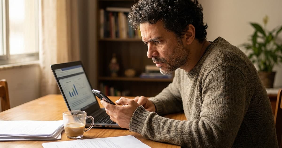 Investidor brasileiro em casa comparando titulos do Tesouro Direto no notebook e no celular, expressao analitica, cafe sobre a mesa, luz natural