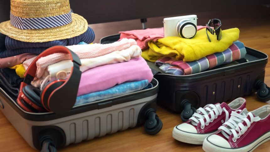 Mala aberta com roupas coloridas, sapatos, chapéu de palha e acessórios de viagem, pronta para férias econômicas.