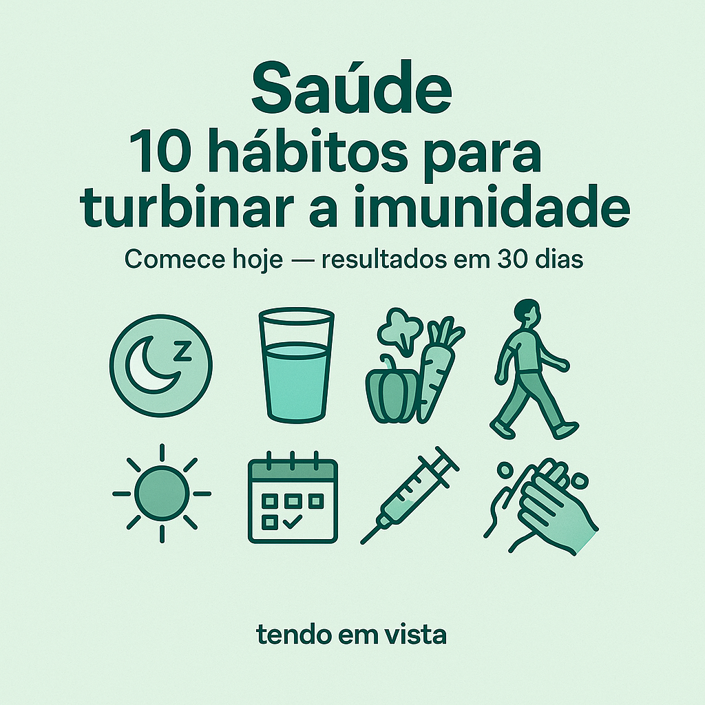 Saúde: 10 hábitos para turbinar a imunidade — sono, água, alimentação colorida, exercício, sol, vacinas e higiene.