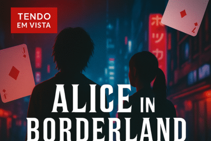 Alice in Borderland 3ª temporada: duas silhuetas em cidade neon com cartas de baralho ao fundo
