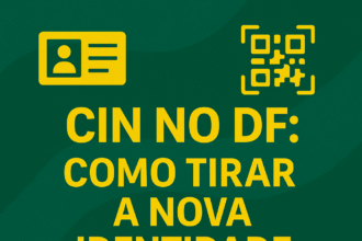 CIN no DF: como tirar a nova Carteira de Identidade Nacional — arte com ícones de documento, QR Code, mapa do DF e impressão digital.