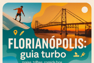 Florianópolis: guia turbo com praias, trilhas, dunas, ostras e pôr do sol na Ponte Hercílio Luz — colagem vibrante da Ilha da Magia.