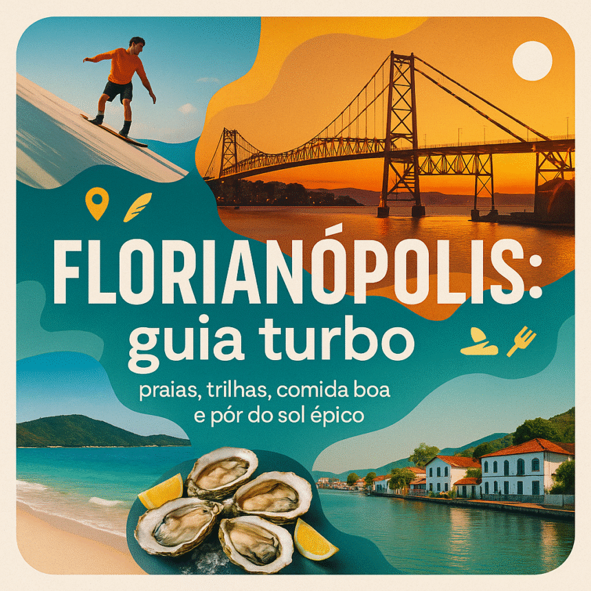 Florianópolis: guia turbo com praias, trilhas, dunas, ostras e pôr do sol na Ponte Hercílio Luz — colagem vibrante da Ilha da Magia.