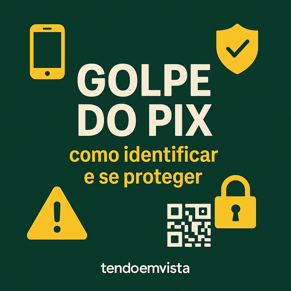 Golpe do Pix: como identificar e se proteger — arte com ícones de alerta, QR Code, cadeado e celular.