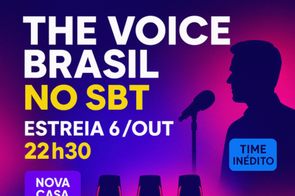 The Voice Brasil no SBT — estreia 6 de outubro às 22h30, arte com microfone, cadeiras dos técnicos e chamada “nova casa”.
